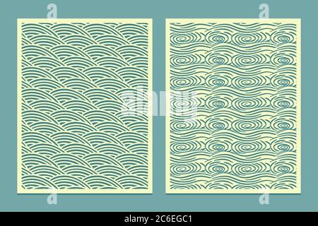 Set template for cutting Patterns marine waves Oriental style scenery Metal cutting or wood carving, panel design stencil for fretwork paper art card Stock Vector