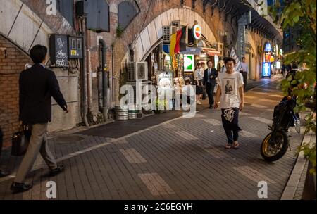 Pedestrian walking along a narrow back alley lane beside an elevated railway track in Yurakucho, Tokyo, Japan at dusk. Stock Photo