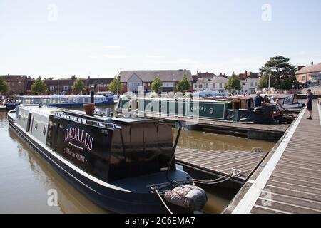 Narrowboats at the lock on The River Avon in Stratford upon Avon in Warwickshire in the UK taken 22nd June 2020 Stock Photo