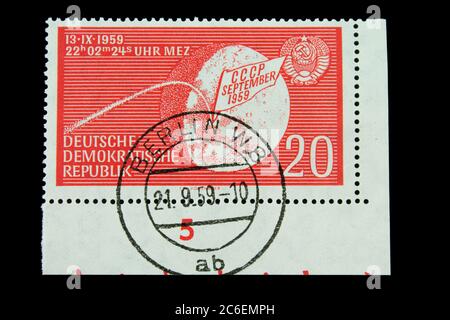 Postage stamp from the GDR No. 721. dated 21.09.1959. Landing of the Soviet space rocket 'Lunik 2' on the moon. Stock Photo