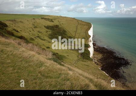 View out to sea and the English Channel across the White Cliffs at Langdon Hole Dover Kent England Stock Photo