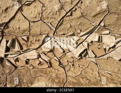 Peeling clay texture. Dry clay on a road closeup. Natural background Stock Photo