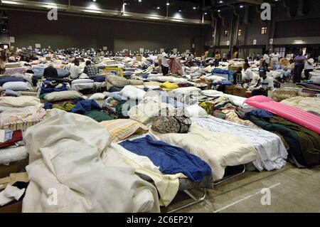 Austin, Texas USA, September 5 2005: A sea of cots covers the floor of the Austin Convention Center where 4,000 people who evacuated ahead of or survived Hurricane Katrina are being housed.  ©Bob Daemmrich Stock Photo