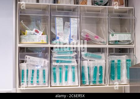 Schwentinental, Germany. 08th July, 2020. Medical utensils are stored in shelves of a mobile medical practice, which was set up in an emergency vehicle of the German Red Cross (DRK) at the Schleswig-Holstein regional association. Credit: Frank Molter/dpa/Alamy Live News Stock Photo