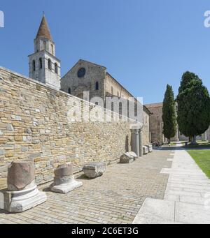 Aquileia, Italy. July 5, 2020. Some Roman archaeological finds in front of the basilica of Aquileia, Italy