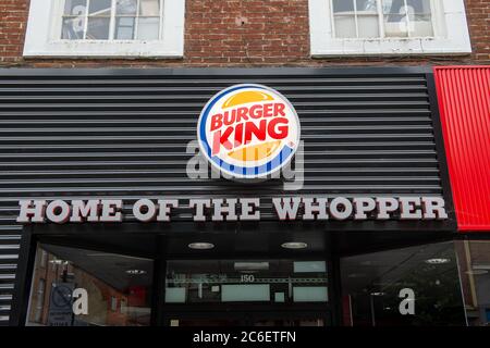Slough, Berkshire, UK. 9th July, 2020. Burger King announced today that between 800 to 1,600 employee jobs are at risk following the impact of the Coronavirus Pandemic. Burger King employs more than 16,500 staff in the UK. Their branch in Slough High Street remains closed following the lockdown. Credit: Maureen McLean/Alamy Live News Stock Photo