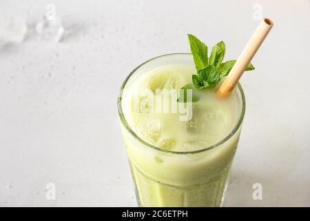 Iced Green matcha tea isolated on white. Close up Stock Photo