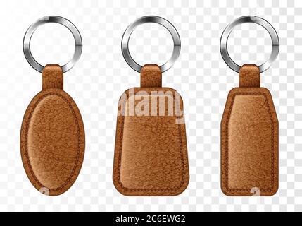 Leather keychains, chinese brown keyring holders with metal rings. Accessories or souvenir trinkets for home, car or office isolated on transparent background. Realistic 3d vector illustration, icons Stock Vector