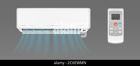 Air conditioner with cold wind flows and remote control. Vector realistic mockup of split system for climate control in home room or office. White aircon isolated on gray background Stock Vector