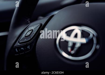 Brest, Belarus - Feb 24, 2020: Part of steering wheel of Toyota C-HR close up Stock Photo