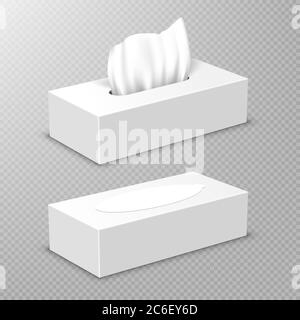 Box with white paper napkins. Vector realistic mockup of blank open and closed cardboard package with facial tissues or handkerchiefs, angle view isolated on transparent background Stock Vector