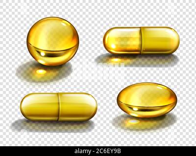 Gold oil capsules, vitamine round and oval pills. Cosmetics, omega 3 golden bubbles, antibiotic gel, serum droplets or collagen essence isolated on transparent background, realistic 3d vector set Stock Vector