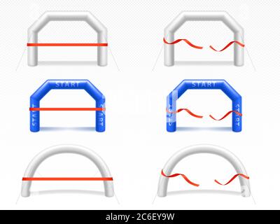 White and blue inflatable arch for sport events, race, marathon, run or triathlon. Vector realistic set of blank balloon tubes different shapes for start and finish line with torn red ribbon Stock Vector