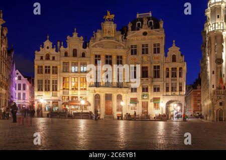 A row of beautiful guild houses in the Grand Place (Grote Markt) in Brussels, Belgium during the blue hour. Stock Photo