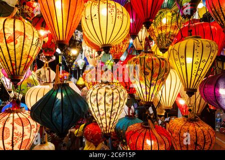 Colored Chinese lamps hanging from the ceiling Stock Photo