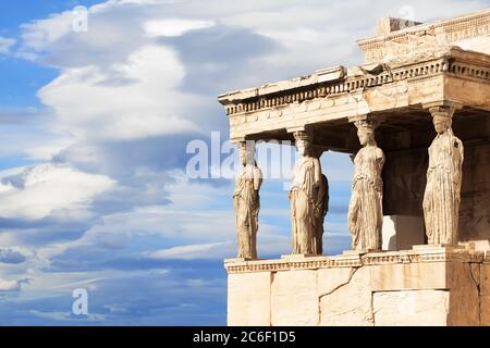 Porch of the Caryatids at Erechtheion temple, Acropolis of Athens, Greece. The Erechtheion or Erechtheum is an ancient Greek temple of the Acropolis o Stock Photo