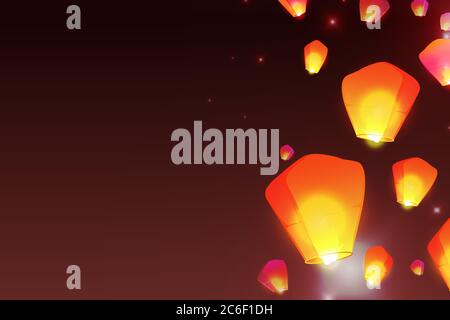 Make a wish lanterns floating in a dark night sky. Vector illustration. Chinese New Year of the rooster. Stock Vector