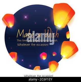 Make a wish lanterns floating in a dark night sky. Vector illustration. Chinese New Year of the rooster. Stock Vector