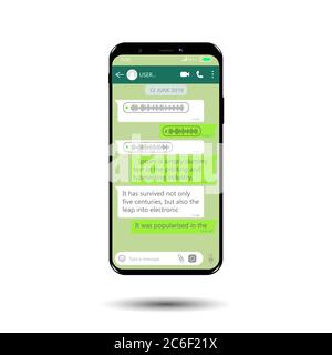 Hands holding smart phone. Social network concept. Vector. Messenger window. Chating and messaging concept. Stock Vector