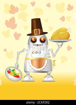 A robot dressed for Thanksgiving and serving turkey dinner, fruit and vegetables. EPS10 vector format. Space for your text. Stock Vector