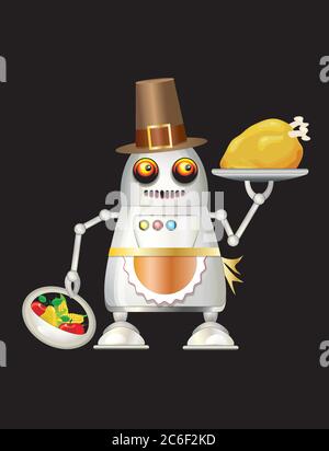 A robot dressed for Thanksgiving and serving turkey dinner, fruit and vegetables. Isolated on black with space for you text. EPS10 vector format. Stock Vector