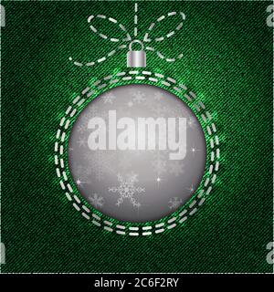 A cutout of a Christmas bauble on green denim background with snowflake pattern. EPS10 vector format. Stock Vector