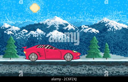 Red sports car and Mountain landscape. Game concept. Pixel art 8 bit objects. Retro digital game assets. Fashion icon. Vintage Computer video Stock Vector