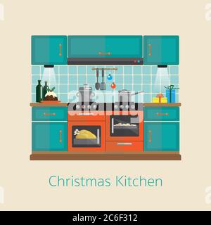 Cooking Christmas dinner. Flat style kitchen design during the festive season. ESP10 vector format Stock Vector