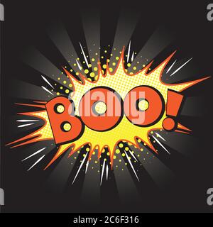 Halloween style pop art icon BOO, exploding over black background. Comic speech bubble in orange, yellow and black. EPS10 vector format. Stock Vector