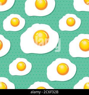 A seamless pattern of fried eggs over a green polka dot background. EPS10 vector format. Stock Vector