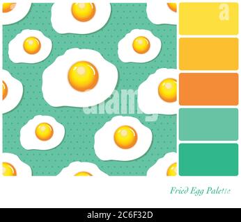 A seamless background of fried eggs over a polka dot pattern. In a colour palette with complimentary colour swatches. EPS10 vector format Stock Vector