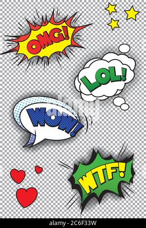 Popart speech bubbles with LOL, OMG, WOW and WTF. EPS10 vector format Stock Vector
