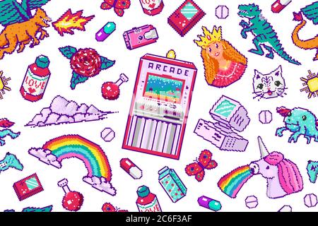 Pixel art 8 bit objects Seamless pattern. Retro digital game assets. Set of Pink fashion icons. Vintage girly stickers. Arcades Computer video Stock Vector