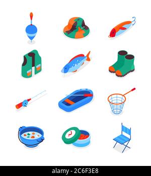 Fishing equipment - modern colorful isometric icons set Stock Vector
