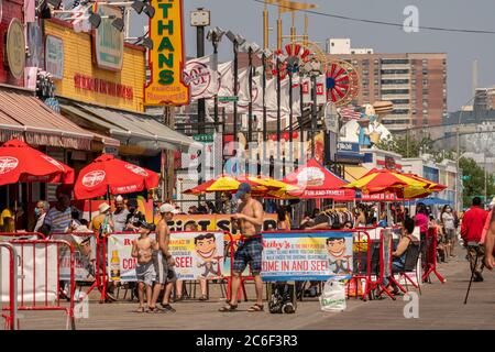 Businesses on the boardwalk at Coney Island in Brooklyn in New York on the long Independence Day weekend, Sunday, July 5, 2019.  (© Richard B. Levine) Stock Photo