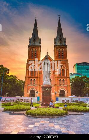 Ho Chi Minh city (Saigon), Vietnam - 09 July 2020: Saigon Notre-Dame Cathedral Basilica (Basilica of Our Lady of The Immaculate Conception) on blue sk Stock Photo