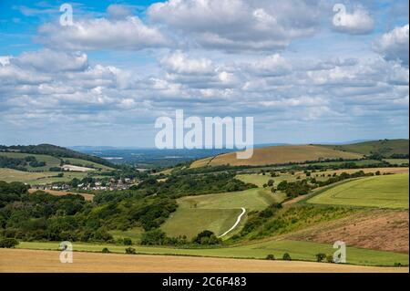View along the South Downs Way from Clayton looking towards Devils Dyke north of Brighton in East Sussex UK Stock Photo