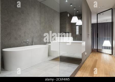 Luxury bathroom with hexagon tile and free-standing bathtub Stock Photo