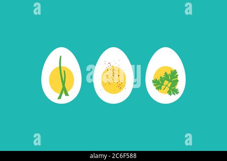 A trio of hard boiled egg horderves, with chives, paprika and parsley. EPS10 vector format. Stock Vector