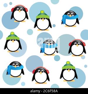 A seamless background of cute cartoon penguins, wearing winter hats, scarves and earmuffs, on blue spotted background.  EPS10 vector format Stock Vector