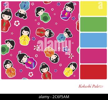 A seamless background of Japanese Kokeshi dolls. In a colour palette with complimentary colour swatches. Seamless pattern is in separate layer for eas Stock Vector