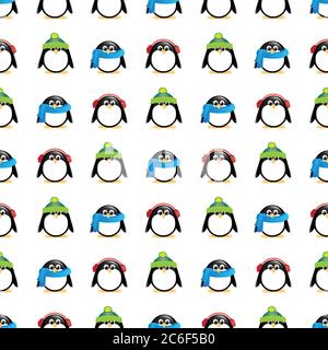 A seamless background of cute cartoon penguins, wearing winter hats, scarves and earmuffs, on colourful checkered background.  EPS10 vector format Stock Vector