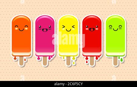 Cute fruit ice lolly stickers with faces on polka dot background. Fruit varieties or orange, raspberry, lemon, strawberry and lime. EPS10 vector forma Stock Vector