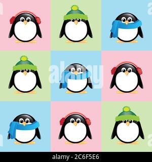 A seamless background of cute cartoon penguins, wearing winter hats, scarves and earmuffs, on colourful checkered background.  EPS10 vector format Stock Vector