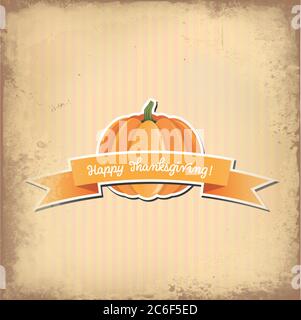 Simple pumpkin and ribbon banner. A minimalistic orange pumpkin with green stalk with a Happy Thanksgiving ribbon banner, over retro style candy strip Stock Vector