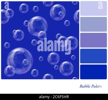 A seamless background of soap bubbles floating in the air, in a colour palette with complimentary colour swatches. Background pattern is in separate l Stock Vector