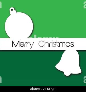 Simple square Christmas Card design in green and white,  with tree decorations of bauble and bell in minimal line style with shadow. EPS10 vector form Stock Vector