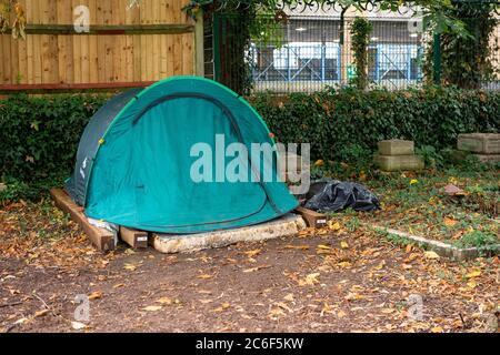 Slough, Berkshire, UK. 9th July, 2020. Rough sleepers tents in the graveyard at St Mary's Church in Slough during the Coronavirus lockdown. Credit: Maureen McLean/Alamy Stock Photo