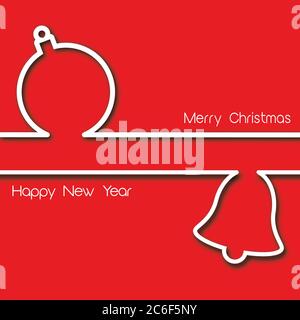 Simple square Christmas Card design in red and white,  with tree decorations of bauble and bell in minimal line style with shadow. EPS10 vector format Stock Vector