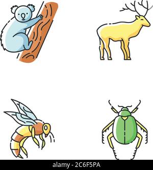 Mammals and insects RGB color icons set. Tropical koala, forest deer, scarab beetle and honeybee. Exotic and ordinary animals. Isolated vector illustr Stock Vector